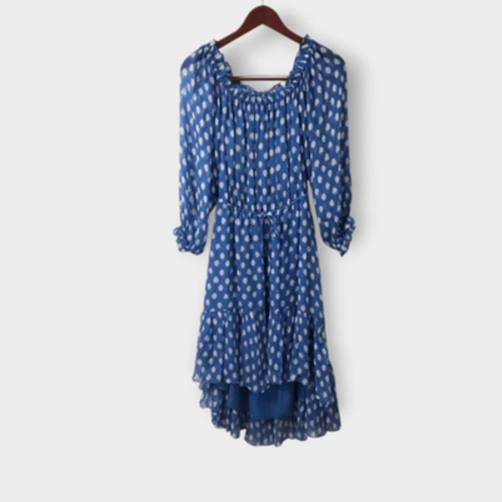 Diane Von Furstenberg Camila Two Silk Chiffon Midi Dress Sz 8 Blue Batik Dot